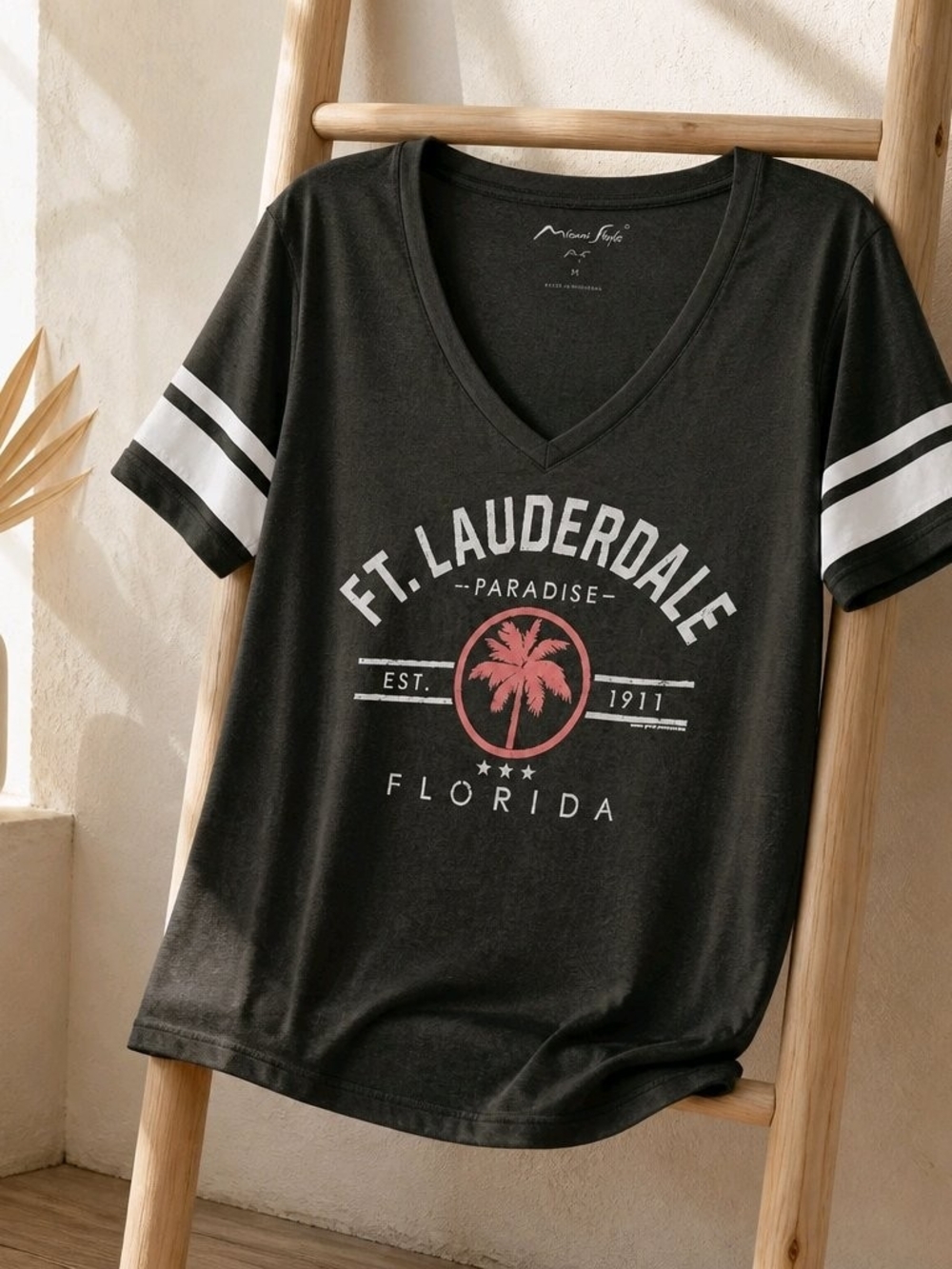 FT. Lauderdale Paradise V-Neck Tee by - Black with White & Pink #852